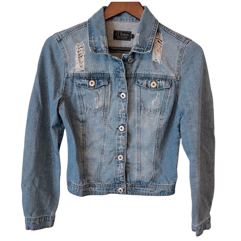 Ci Sono Denim Distressed Jean Jacket y2k Girls Streetwear Vintage Look Large